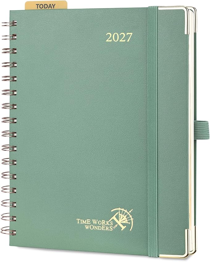POPRUN 2027 Planner Daily Weekly and Monthly Calendar with Hourly Schedule(Medium Size 8.5'' x 6.25'' Wire-Bound Hard Cover) - Agenda 2026 (Jan.2027-Dec.2027), Monthly Tabs - Midnight Green
