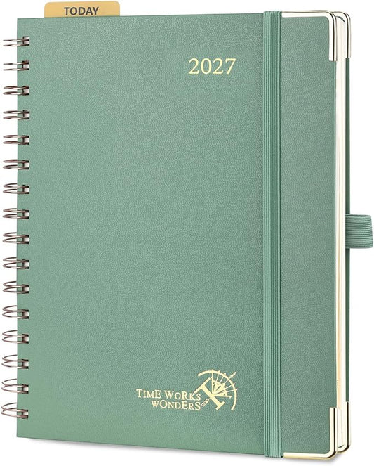 POPRUN 2027 Planner Daily Weekly and Monthly Calendar with Hourly Schedule(Medium Size 8.5'' x 6.25'' Wire-Bound Hard Cover) - Agenda 2026 (Jan.2027-Dec.2027), Monthly Tabs - Midnight Green