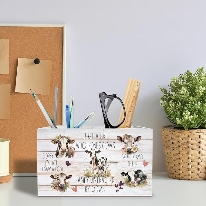 Rustic Cow Pen Holder for Desk, Cow Lover Gifts for Women Pencil Organizer, Just a Girl Who Loves Cows Wooden Box Sign Desk Decor for Farmhouse Home Office Decoration