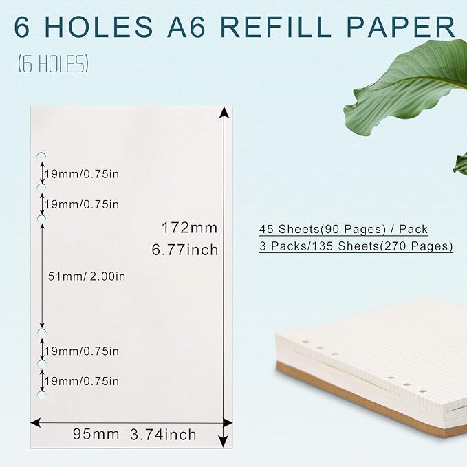 A6 Refill Paper, [3 Pack] Toplive 100GSM Thick Refillable Blank Paper 6 Hole Filler Inserts Loose Leaf Paper 135 Sheets (270 Pages) for 6 Ring Binder Journal Notebook