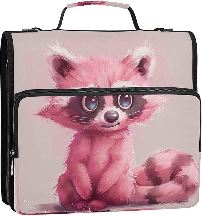 ALAZA Pink Raccoon Cartoon 3 Ring School Zipper Binder Bag Expanding File Folder Case Briefcase with Shoulder Strap