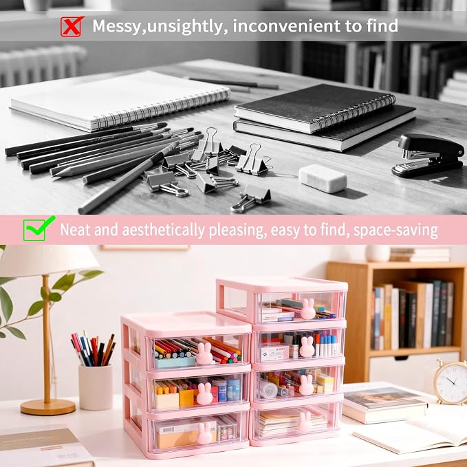 CEYAZYE Small Desk Organizer with Drawer, Stackable Makeup Organizer White, Mini Plastic Storage Box for Desktop, Bathroom Counter or Dresser, School, Home, Office(Pink-4 Tier)