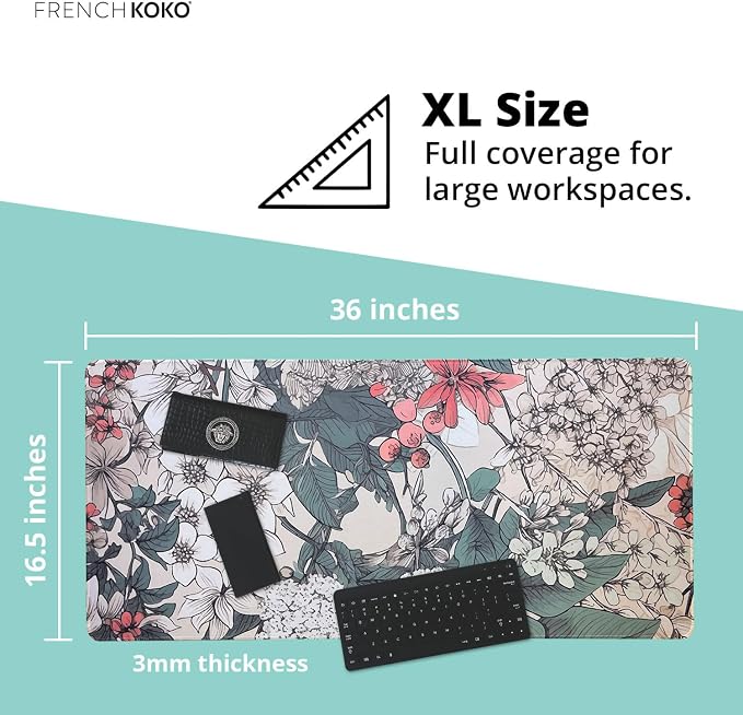 French KOKO Large Desk Mat 36" x 16.5" – Botanical Floral Mouse Pad for Keyboard & Mouse – Non-Slip Waterproof Desk Protector Aesthetic Office Pad for Women