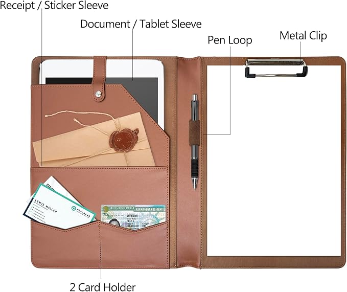 Padfolio Portfolio Binder, Leather Clipboard Folder Briefcase Loose-Leaf Binder with Cover Brown Folder with Pockets Resume Folder for Business Office Meeting Men Women's Business (A4, Brown)