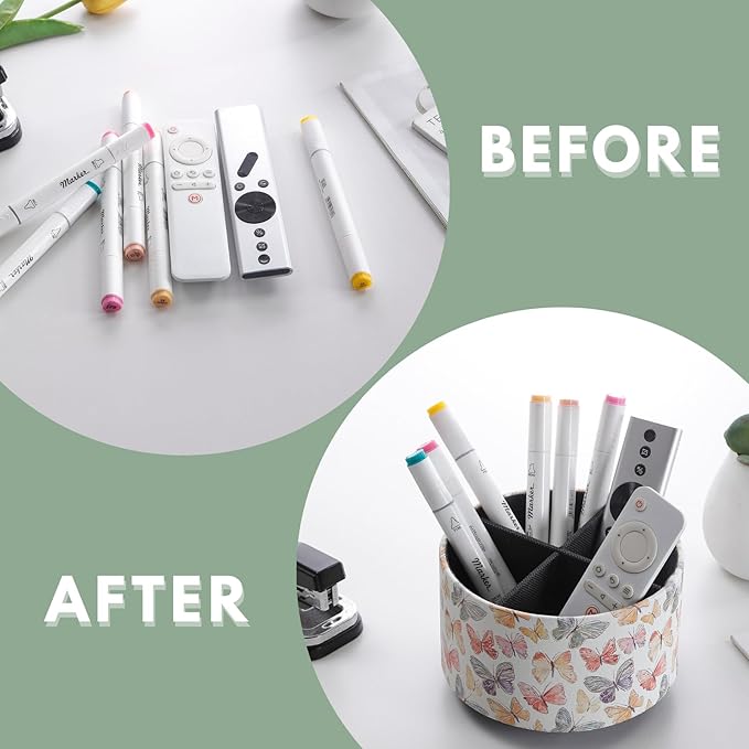 360 Degree Rotating Remote Control Holder for Table, PU Leather Spinning End Table Organizer Caddy, Cute Remote Control Caddy for Office Supplies, Makeup Brushes, Butterfly PH130