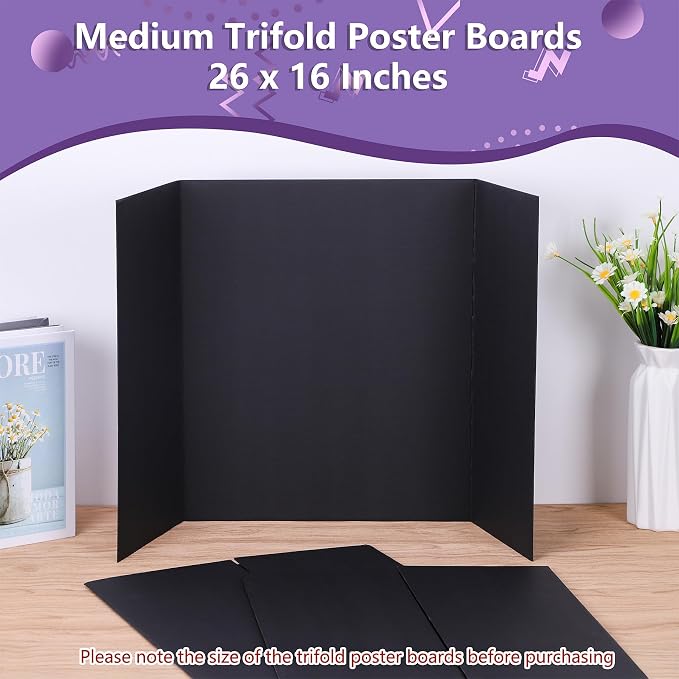 AKONEGE 3 Pack Medium Trifold Poster Board 26" x 16" Tri Fold Poster Boards Black Corrugated Cardboard Project Boards for Presentations, School Projects, Science Fair, Exhibition Event Display
