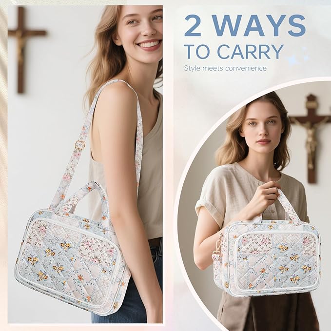 Bible Cover Case for Women Bible Study Supplies Christian Gifts for Women Church Camp Essentials Christian Bible Journaling Kit Quilted Large Bible Cover with Durable Handle (Spliced Flower, Large)