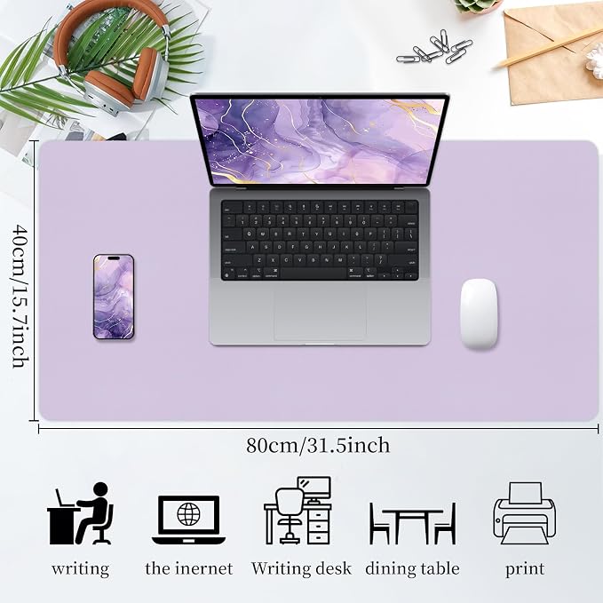 Bloss Light Purple Desk Mat, Double-Sided Leather Desk Pad, Desk Matt for Desktop, Waterproof Desk Pad Mat, Computer Mat for Office Work/Home - 31.5" x 15.7"