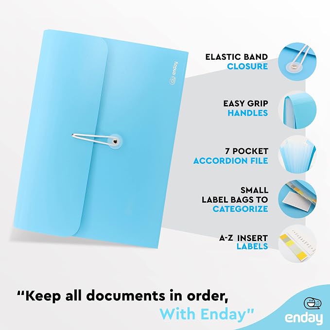 Accordion File Organizer Blue, 7 Pocket Expanding File and Cover Folder with Labels, Plastic Portable Desktop Letter A4 Paper, Also Available in Red, Green, Pink, Purple, Grey, 1 Pc – By Enday