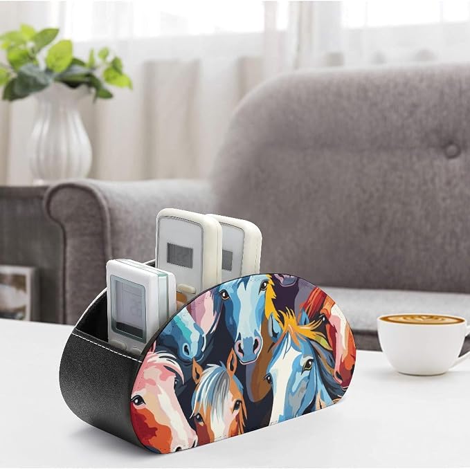 Colorful Cartoon Horses Remote Control Holder TV Remote Caddy with 5 Compartments PU Leather Storage Box Stylish Desk Organizer for TV/DVD/Accessories Desk Office Supplies Home