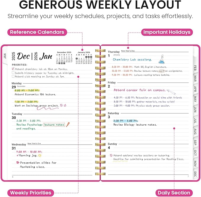 2026 Planner, Weekly and Monthly Calender Planner, Jan 2026 to Dec 2026, Hardcover 2026 Calendar Book with Tabs & Inner Pocket, Office Home School Supplies for Women & Men - A5 (6.3" x 8.5"), Fuchsia Pink