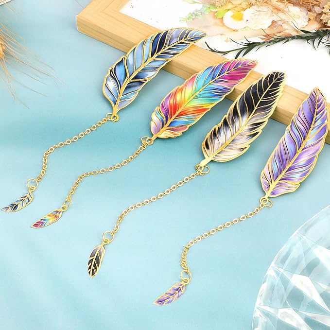 JSRQT 4Pcs Feather Metal Bookmark for Reading,Unique Page Markers Bookmarks with Chain Pendant,Book Mark Reading Accessories Gifts for Book Lovers Readers Women Men