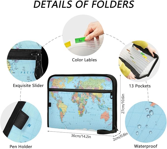 World Map Borders Countries Roads Expanding File Folder with Sticky Labels, 13 Pockets Accordion File Folder Document Organizer Expandable Zip File Folder with Zipper Closure