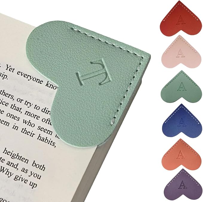 Personalized Leather Heart Bookmarks with Initials, 26 Letters Custom Corner Book Mark for Reading Women,Teacher, Student, Book Lovers Book Marker, Meaningful Gifts (Dark Blue+Light Green,T)