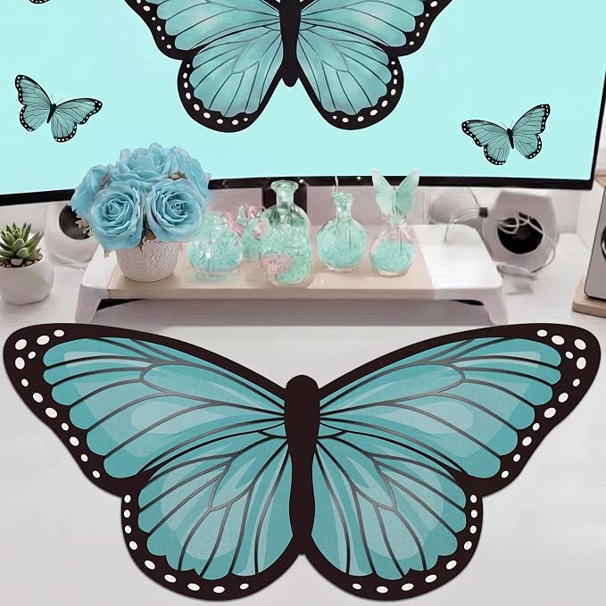 Tellegloww Large Teal Butterfly Gaming Mouse Pad Desk Mat Decorative Butterfly Keyboard Desk Mat with Non-Slip Base Table Accessories for Office Home Study 35.43 x 15.75 Inches