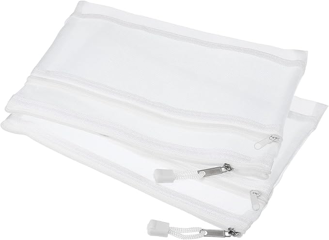 MECCANIXITY Mesh Zipper Bags, A5 Nylon Double Layer Zip File Pouch Storage Organizer Pockets for Travel Office Accessories, White Pack of 6