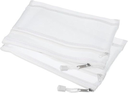 MECCANIXITY Mesh Zipper Bags, A5 Nylon Double Layer Zip File Pouch Storage Organizer Pockets for Travel Office Accessories, White Pack of 6