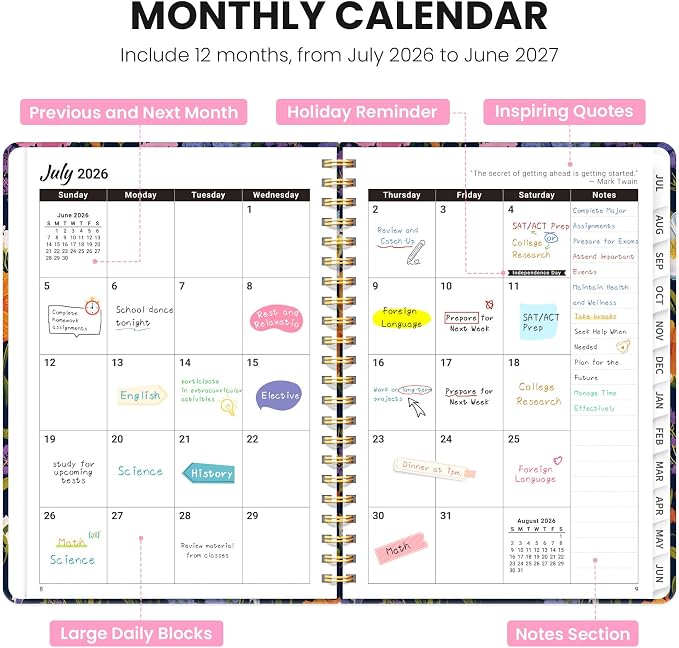 Planner 2026-2027, Monthly and Weekly Calendar Academic Planner July 2026 - June 2027, Hardcover Student Teacher Planning Agenda Book with Tabs, Perfect for Office School Supplies, A4 (8.5" x 11") - Gentle Bloom
