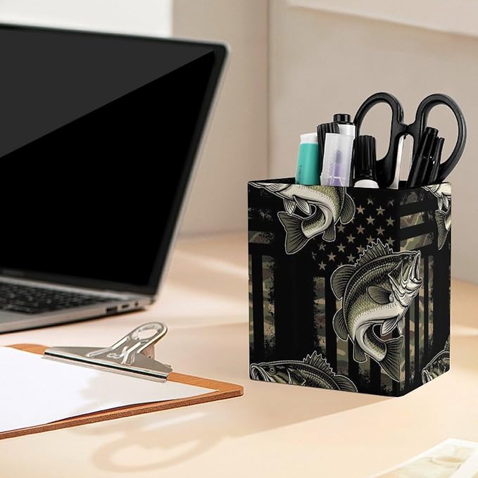 Women's Fashion Pencil Pen Holder Cup, Waterproof Office Supplies, Waterproof Multifunctional Office Supplies Bass Fishing Hunting Camo Camouflage American Flag Art