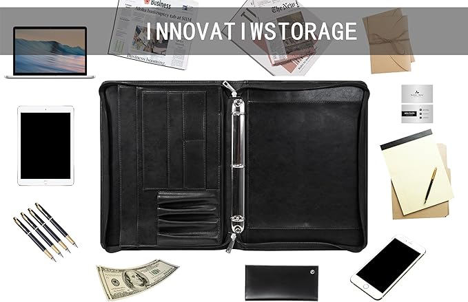 AZXCG Padfolio for Men, 3 Ring Binder Portfolio Folder, Vegan Leather, Personalized with A4 Notepad Holder, Business Document Organizer, Black