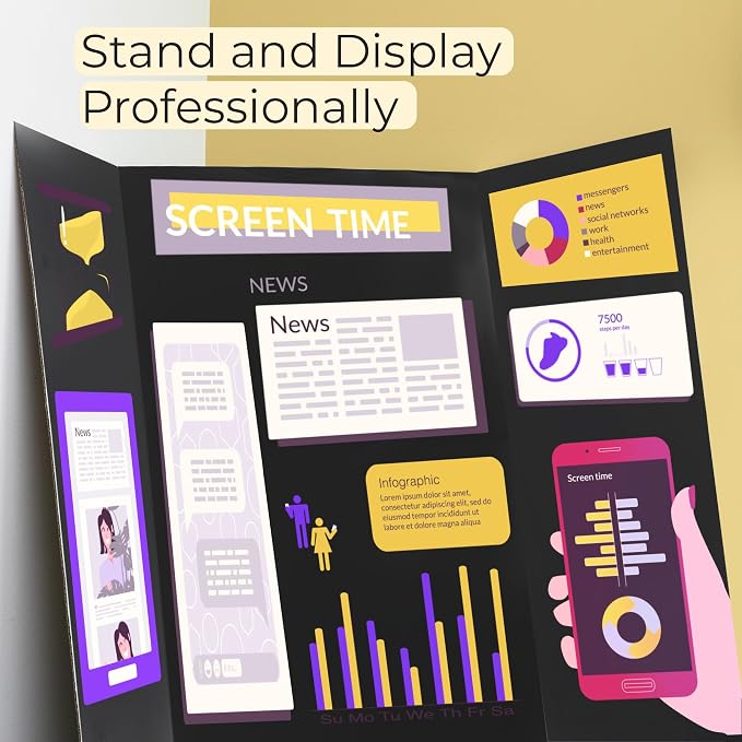 BAZIC Products Black Tri-Fold Presentation Board, 36 x 48 in, Corrugated, for Science Fair Displays