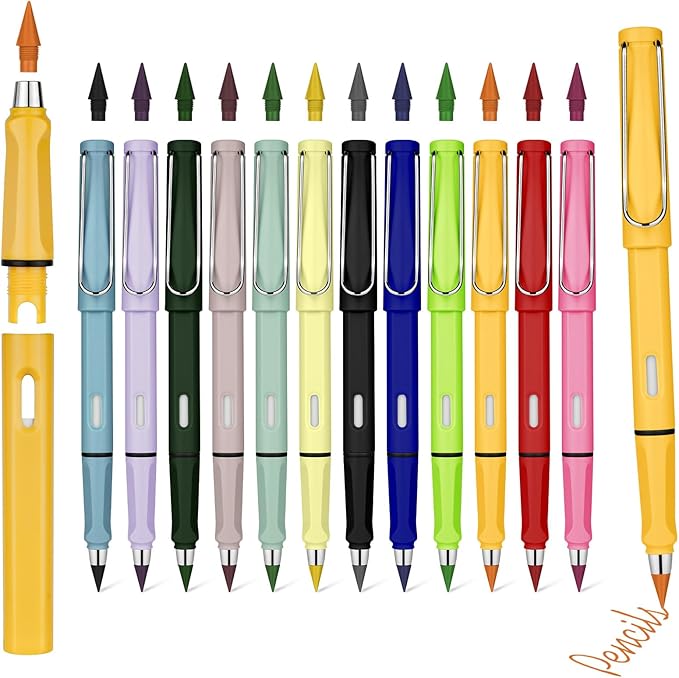Ainiv Colored Inkless Pencil, 12 Sets No Sharpen Infinity Pencil Reusable Everlasting Pencils with Extra 12 Color Replaceable Nibs Forever Pencils for Writing Drawing Home Office Supplies