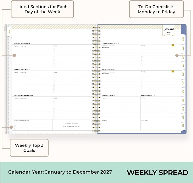 Blue Sky Day Designer 2027 Weekly and Monthly Planner Calendar, January 2027 - December 2027, 8.5" x 11", Flexible Cover With Zip Pouch, Durable Twin Wire Binding, With Stickers, Serenity Tile Blue