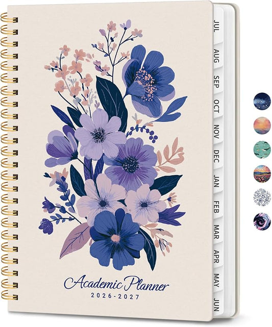 Planner 2026-2027, Monthly and Weekly Calendar Academic Planner July 2026 - June 2027, Hardcover Student Teacher Planning Agenda Book with Tabs, Perfect for Office School Supplies, A5 (6.3" x 8.5") - Lavender Bunch