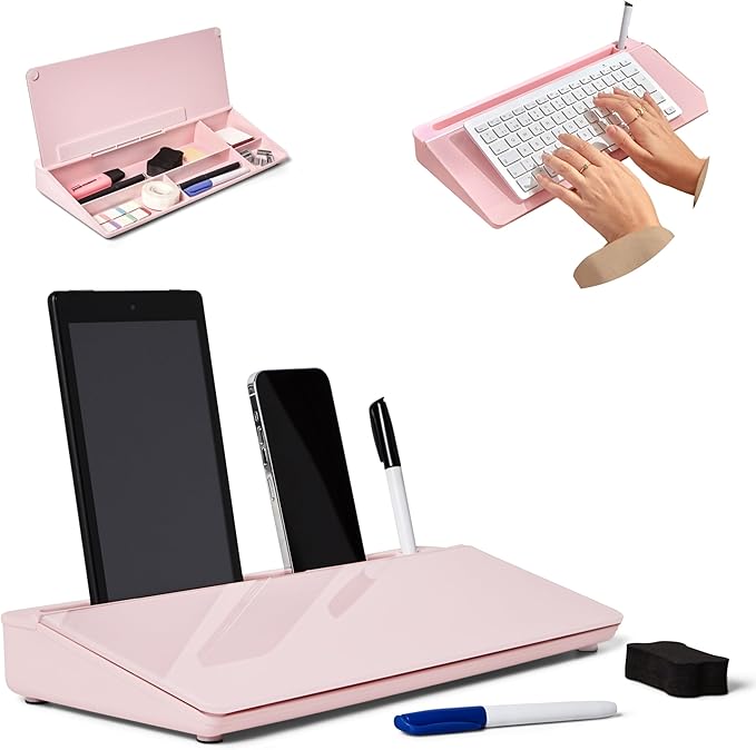 GAROOD Desktop Dry Erase Board with Storage Pink Color Desk White Board Desk Board Glass Desktop White Board with Stand Home Office Organizer Phone Holder 15.8X7X2 inches