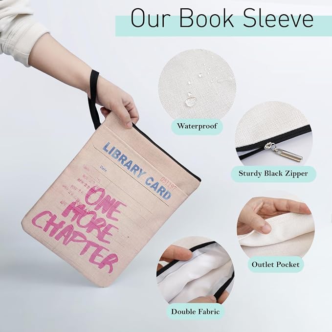 One More Chapter Book Sleeve for Book Lovers, Paperback Sleeve for Librarian Lovers Bookish Group Club Gifts for Women, Book Cover with Zipper and Front Pocket for paperbacks 9 x 12 Inch