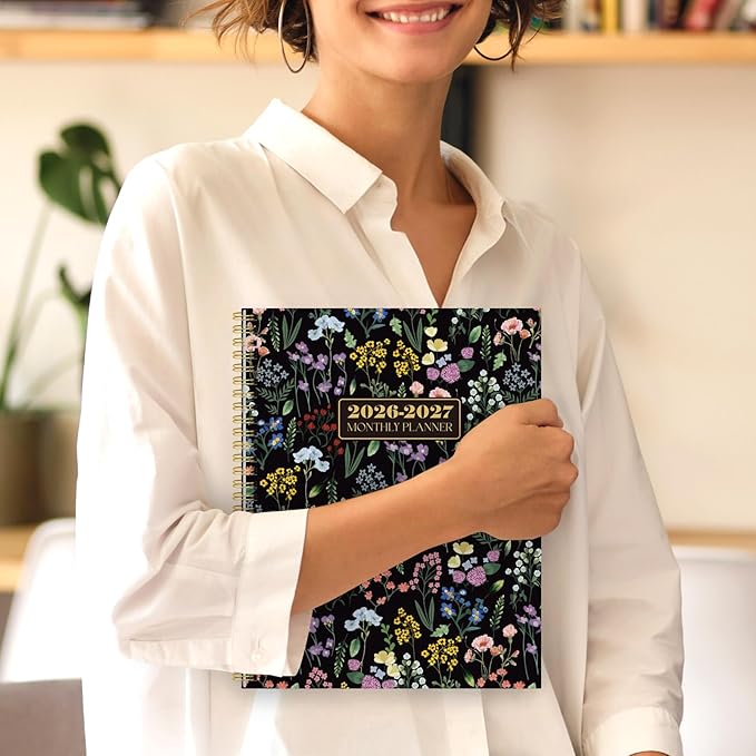 SKYDUE Monthly Planner 2026-2027, 24 Months Calendar Planner 2026-2027, 7.5" x 10" B5 Planner, Twin-wire Spiral Bound, Durable Waterproof Cover, Thick No-Bleed Paper, BlackFloral