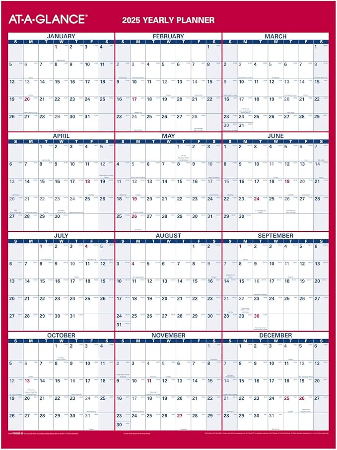 AT-A-GLANCE 2025 Erasable Calendar, Dry Erase Wall Planner, 12" x 16", Small, Vertical/Horizontal, Reversible, Compact (PM330B2825)