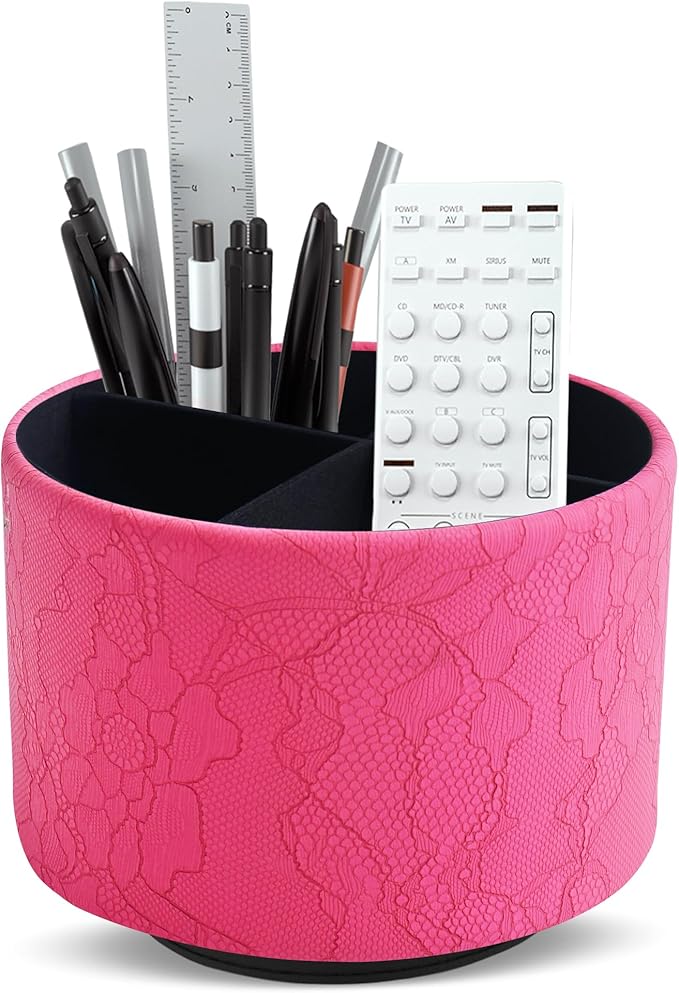 Round Leather Art Supply Organizer,Remote Control Holder,360 Degree Spinning,Multi-Functional Pencil Holder,4 Compartments Desktop Stationary Organizer(1-Lace Flower Rose Red)