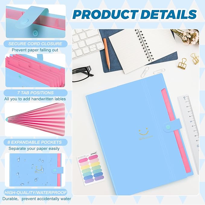 Expanding File Folder, 8 Pockets Accordion File Organizer, A4 Letter Size Paper Document Receipt Organizer Accordian Filing Folder for Classroom, Home, Office and Travel(Blue)