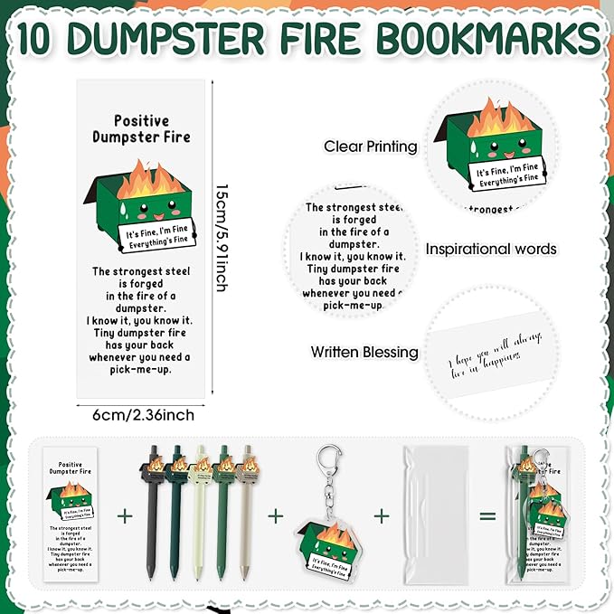 Sayglossy 10 Sets Dumpster Fire Pen Gifts for Coworker Positive Funny Pens Dumpster Fire Desk Accessories Acrylic Keychains Bookmarks Support Gifts for Team Coworker Teachers Boss Nurse