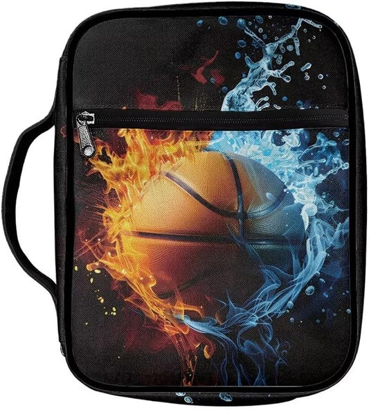 Coldinair Large Bible Cover with Handle and Bookmark Bible Carrying Book Case for Kids Teen Nylon Church Bag Bible Protective for Men,Basketball Water Flame Standard Large Size Bible Covers