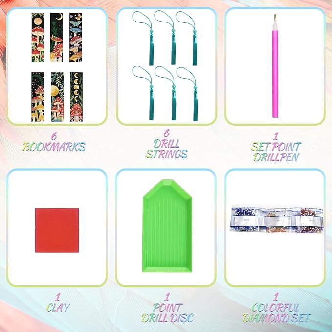 6Pcs Mushroom Diamond Art Bookmarks Crescent Moon Mushroom Butterfly Diamond DIY Painting Bookmarks Acrylic Tassel Bookmark Making Beginners Adults Arts Craft Supplies