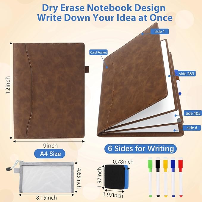 Feifeiya 6 Sides Dry Erase Notebook Portable White Board 12"x9"(a4) Travel Dry Erase White Board Notebook Foldable Anti-ghosting Surface for Office, School, Study, Travel & Business Meeting Planning