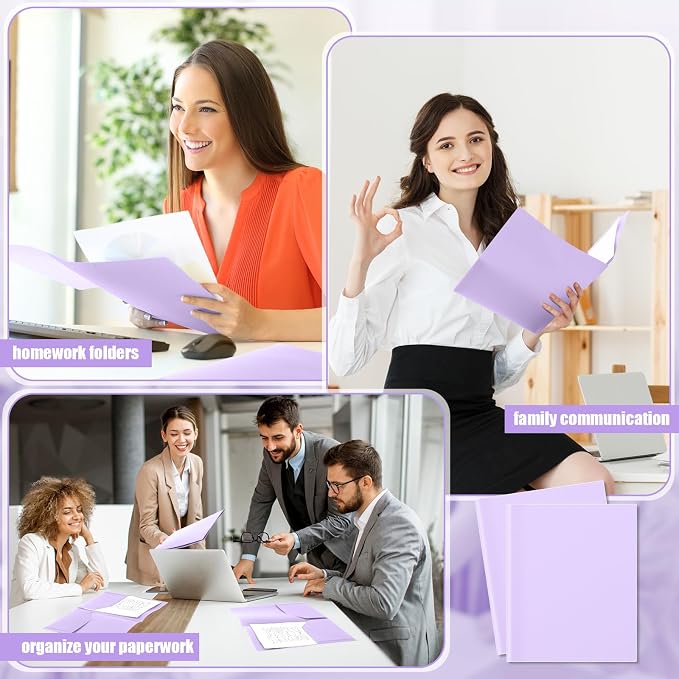 Gueevin 100 Pack Plastic Folder with Pockets, 2 Pocket Folders, Plastic Glossy Folders Fit Letter Size Paper, Heavy Duty Durable File Folder with Business Card for Home Office School (Light Purple)