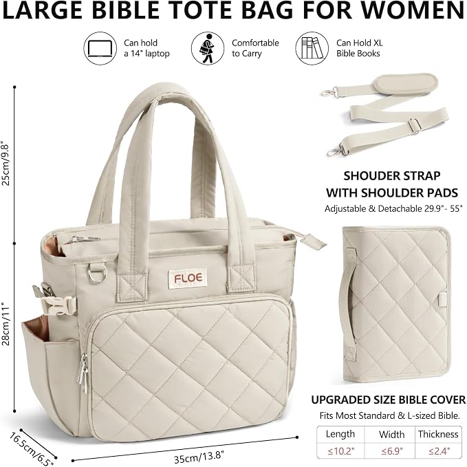 Large Bible Bag w/Bible Cover Case for Women, Puffer Bible Tote Bag Quilted Church Bag Carrying Case w/Shoulder Strap, Bible Study Supplies Journaling Kit Accessories Women Christian Mothers Day Gifts