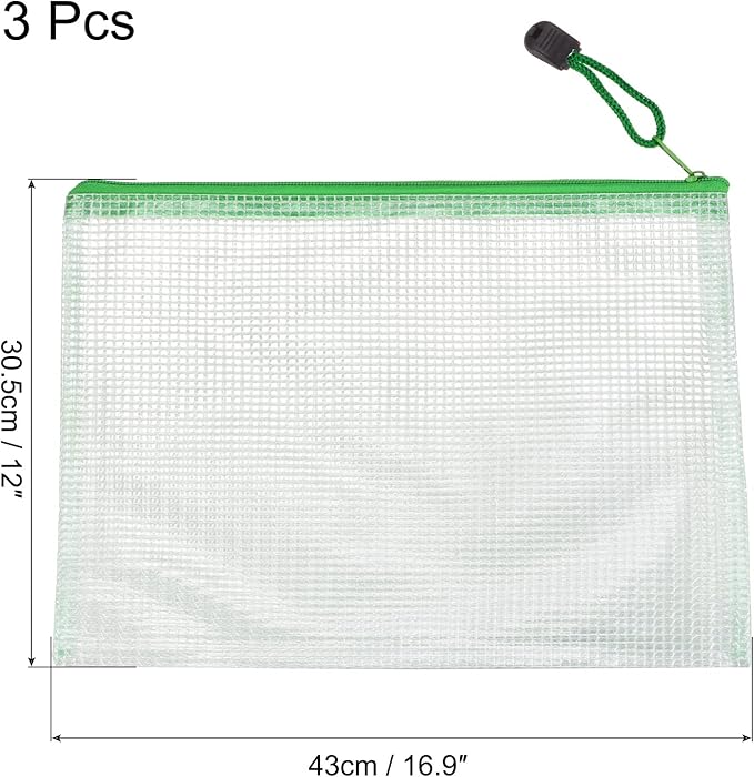 MECCANIXITY Mesh Zipper Bags, A3 Size File Document Pockets Bill Pouch Folders for Office Home Supply, Green Pack of 3