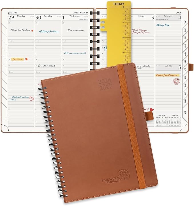 POPRUN Planner 2026-2027 (Medium - 6.5'' x 8.5'') Academic Weekly Calendar (July 2026 - June 2027) with Hourly Time Slots, Monthly Tabs, 100GSM Thick Papers, Spiral Leather Cover - Grey - Brown