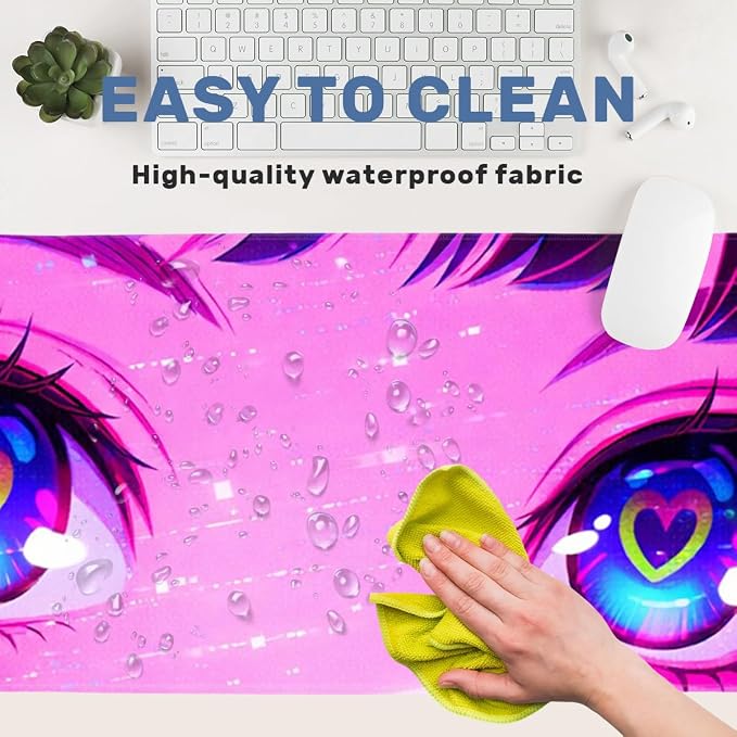 Anime Girl Desk Mat 35.4 x 15.7 Inches Kawaii Heart Eyes Neon Gaming Mouse Pad with Non-Slip Rubber Base, Smooth Cloth Surface Desk Keyboard Mat for Computer, PC, Laptop, Desktop