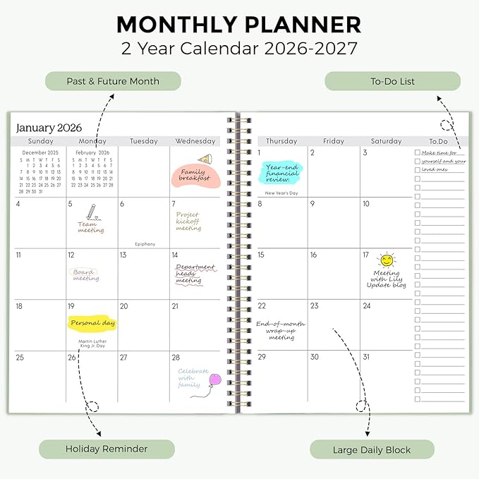 SKYDUE Monthly Planner 2026-2027, 24 Months Calendar Planner 2026-2027, 7.5" x 10" B5 Planner, Twin-wire Spiral Bound, Durable Waterproof Cover, Thick No-Bleed Paper, Green