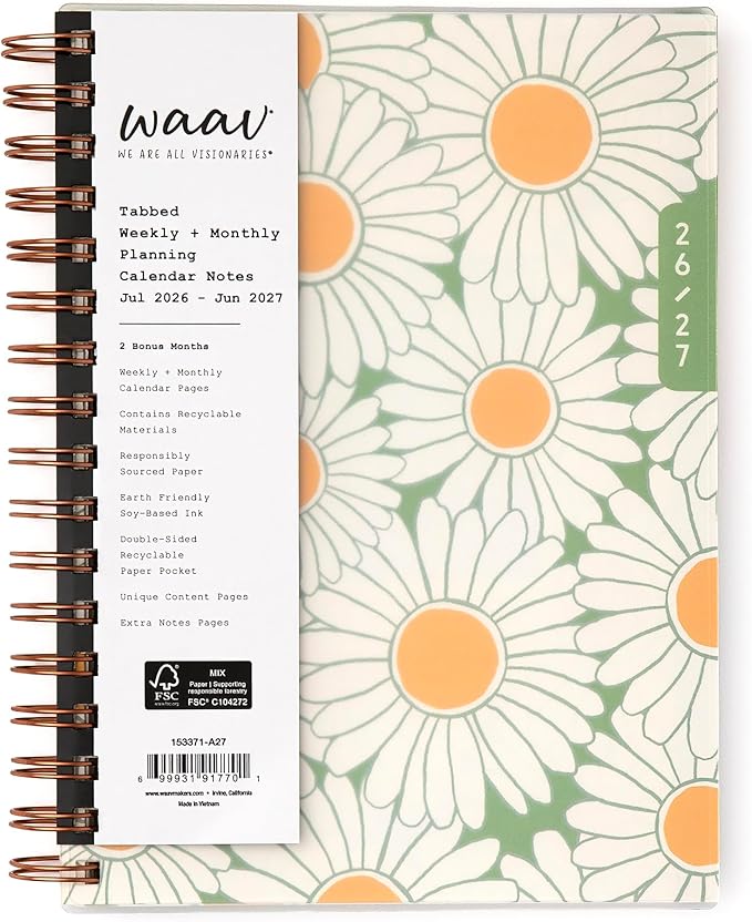 Blue Sky WAAV 2026-2027 Weekly and Monthly Academic Year Planner Calendar, July 2026 - June 2027, 5.875" x 8.625", Flexible Cover, Wirebound, Laminated Tabs, Storage Pocket, Includes 20 Extra Notes Pages, Michelle