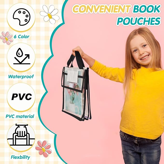 Teling 6 Pack Thick Clear Book Pouches with Blank Name Tags and Handles Book Baggies Bags Bins Organizer for School Classroom Library Pockets Students (10 x 12 Inch,Black)