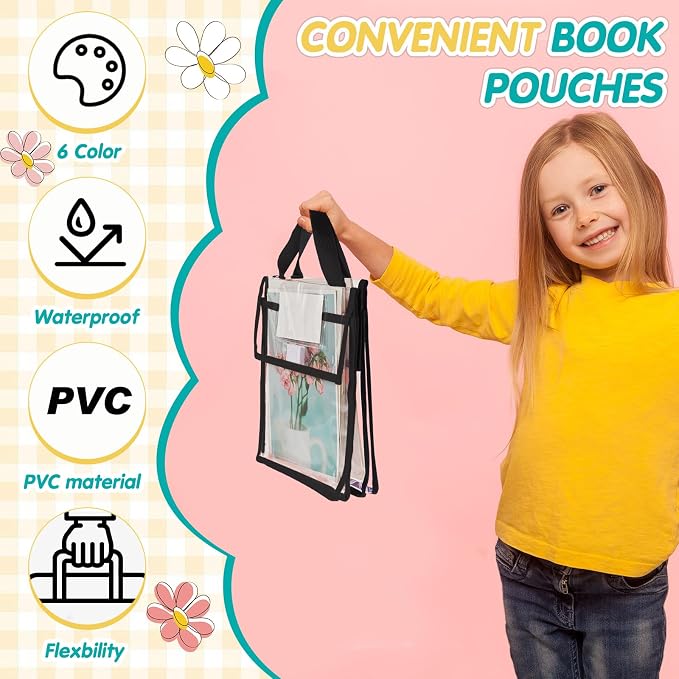 Teling 6 Pack 10 x 12 Inch Clear Book Pouches with Handles and Name Tags, Heavy Duty Reusable Library Book Bags for Classroom, Students Kids and Teacher Supplies (Black)