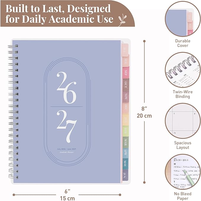 Rileys Academic Planner 2026-2027, Daily, Weekly & Monthly Planner, July 2026 - June 2027, Student Notes Pages, Twin-Wire Binding, Weekly Agenda for School & Work (8 x 6-Inches, Blue)