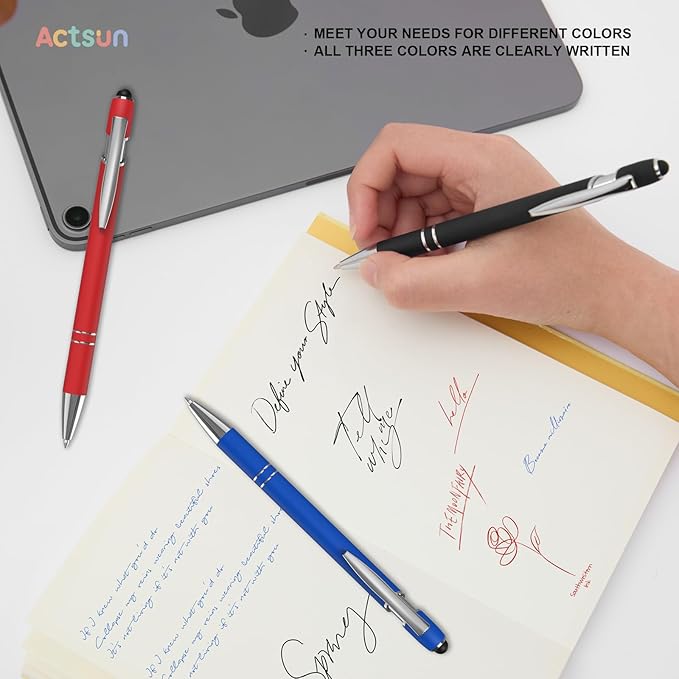Actsun Gel Ink Pens, 12 Pcs, Fine Point, Smooth Writing, Screens & Touch Compatible, Black, Red & Blue, 0.7 mm, Gift & Office Accessory