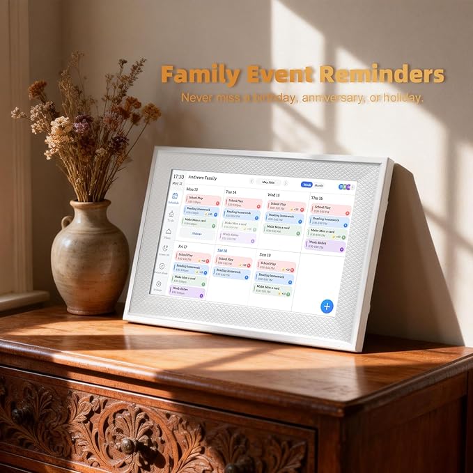 10.1" Smart Digital Calendar Display - WiFi Family Command Center & Chore Chart, Syncs Apple/Outlook/Google Calendar, Touch Screen Daily Planner, No Subscription (White Art Deco)